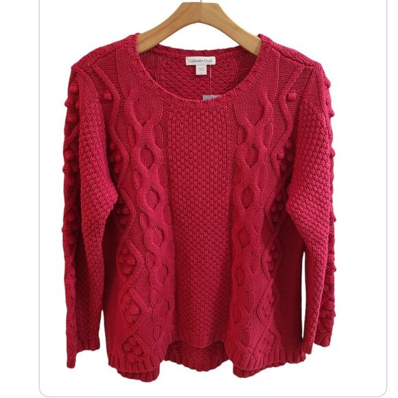 NWT Coldwater Creek Red Chunky Cable Knit Fisherman Sweater SZ L Holiday Winter - Picture 1 of 10
